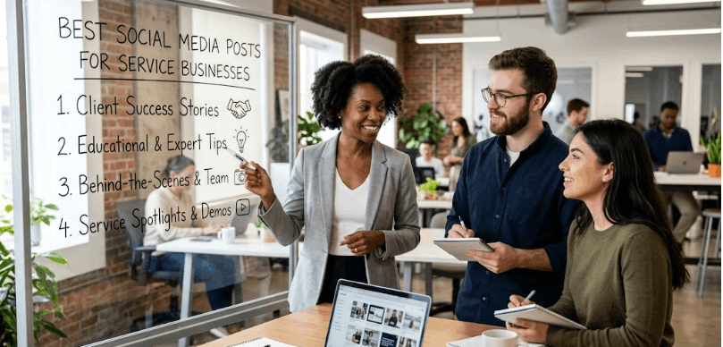A diverse marketing team in a modern office discussing social media post ideas for service businesses on a glass board.