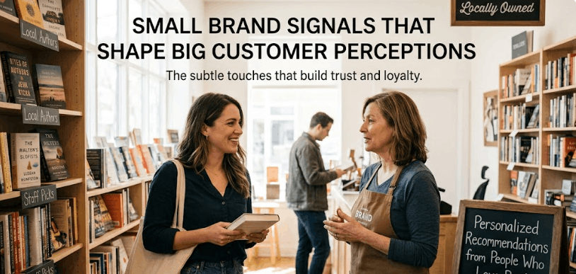 A customer smiles while speaking with an employee in a bookstore, illustrating how subtle touches can build brand trust and loyalty.
