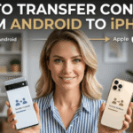 A smiling blonde woman holding an Android phone and an iPhone, demonstrating how to transfer contacts from Android to iPhone with a clear instructional text overlay.