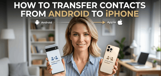A smiling blonde woman holding an Android phone and an iPhone, demonstrating how to transfer contacts from Android to iPhone with a clear instructional text overlay.