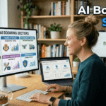 A woman sitting at a desk looking at a computer monitor displaying a chart of Global AI Booming Sectors, with text overlay reading "AI Booming Sectors".