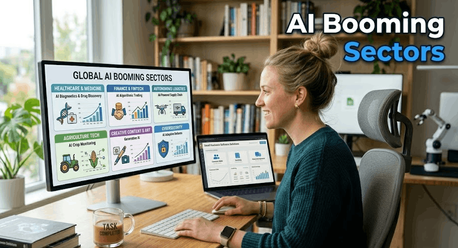 A woman sitting at a desk looking at a computer monitor displaying a chart of Global AI Booming Sectors, with text overlay reading "AI Booming Sectors".