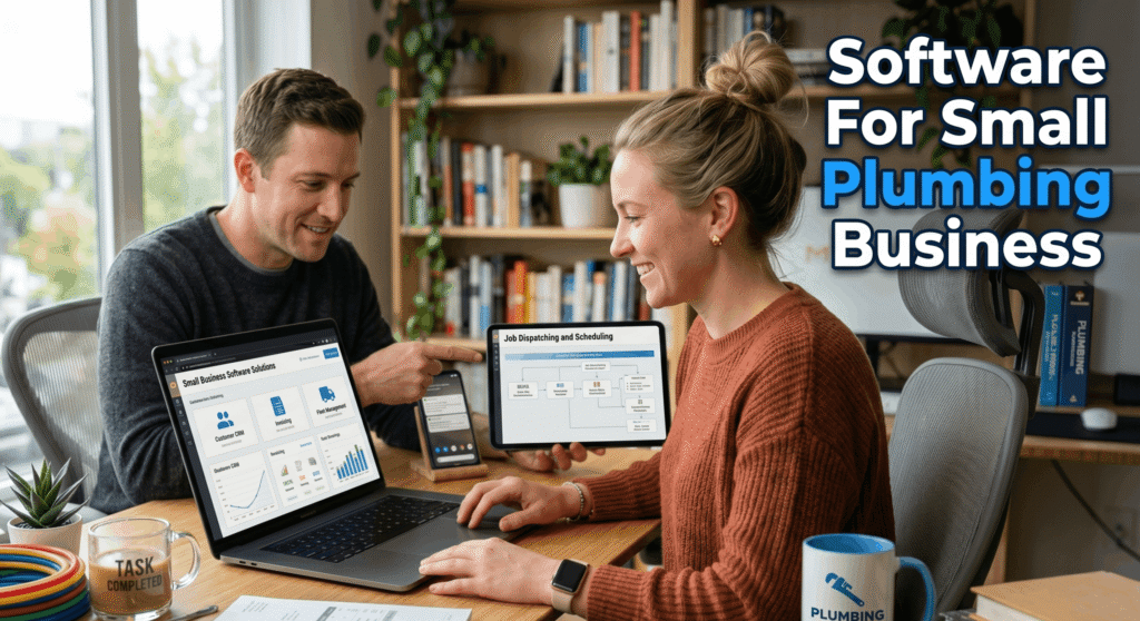 A man and a woman collaborating in a home office, looking at plumbing business management software on a laptop and tablet, with the text "Software For Small Plumbing Business" overlaid