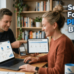 A man and a woman collaborating in a home office, looking at plumbing business management software on a laptop and tablet, with the text "Software For Small Plumbing Business" overlaid