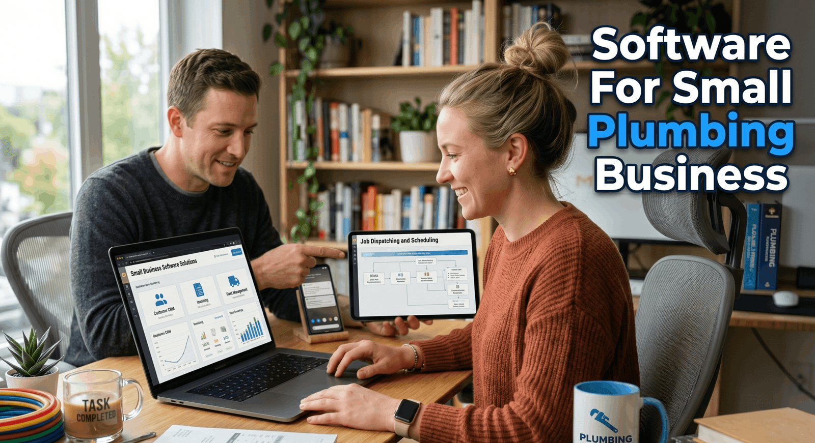 A man and a woman collaborating in a home office, looking at plumbing business management software on a laptop and tablet, with the text "Software For Small Plumbing Business" overlaid