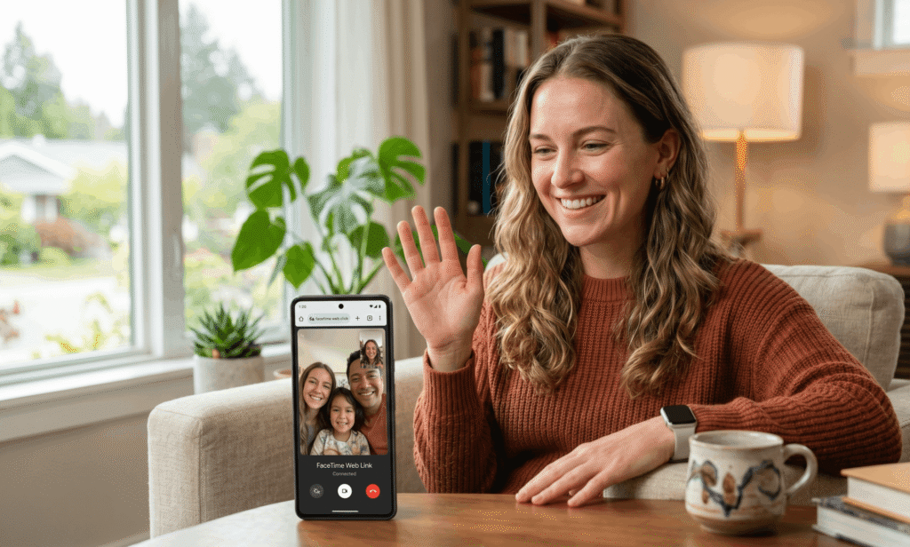 A smiling woman sitting in a living room, waving at her Android phone screen which shows a family on a FaceTime web link call.