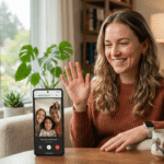 A smiling woman sitting in a living room, waving at her Android phone screen which shows a family on a FaceTime web link call.