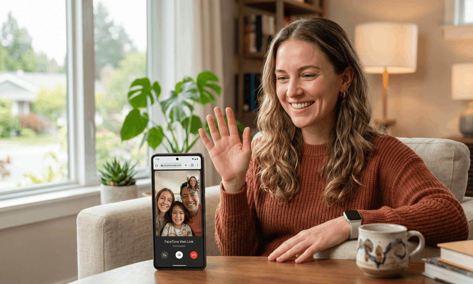 A smiling woman sitting in a living room, waving at her Android phone screen which shows a family on a FaceTime web link call.