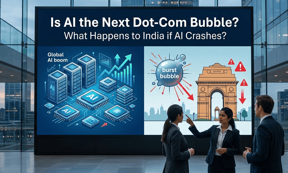 Corporate professionals analyzing a large presentation screen displaying graphics comparing the global AI boom with a potential bubble burst over the India Gate skyline