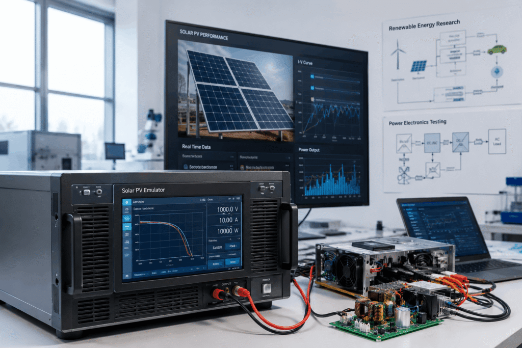 Solar PV Emulator Applications in Renewable Energy Research and Power Electronics Testing 11 Solar PV Emulator connected to power electronics testing equipment in a renewable energy research laboratory for photovoltaic system simulation and MPPT testing.