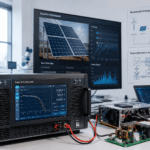 Solar PV Emulator connected to power electronics testing equipment in a renewable energy research laboratory for photovoltaic system simulation and MPPT testing.