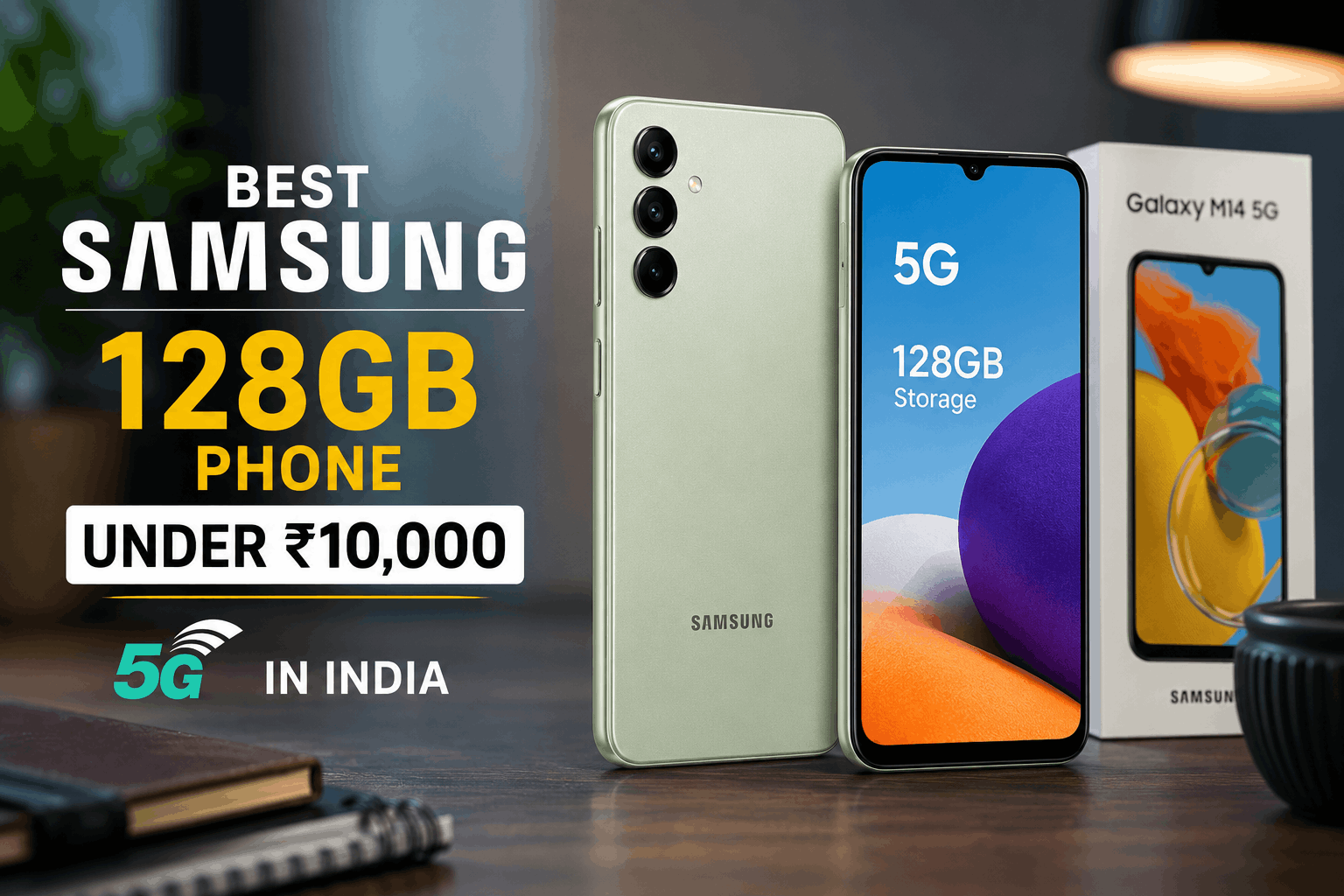 Samsung 128GB 5G smartphone under ₹10,000 displayed with its retail box, showcasing a budget-friendly Samsung Galaxy phone for buyers in India.