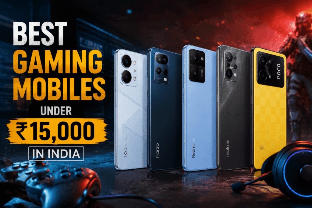 Top gaming smartphones under ₹15,000 in India displayed with a gaming controller and headset, highlighting budget gaming phones with powerful processors and high-refresh-rate displays.