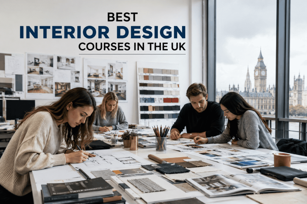 Best Interior Design Courses in the UK 6 Interior design students working on architectural drawings, material samples, and room layouts in a modern UK design studio with a view of London's skyline.