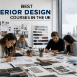 Interior design students working on architectural drawings, material samples, and room layouts in a modern UK design studio with a view of London's skyline.