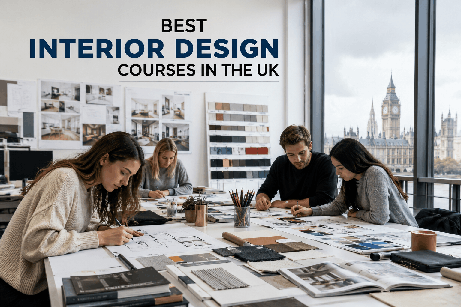 Interior design students working on architectural drawings, material samples, and room layouts in a modern UK design studio with a view of London's skyline.