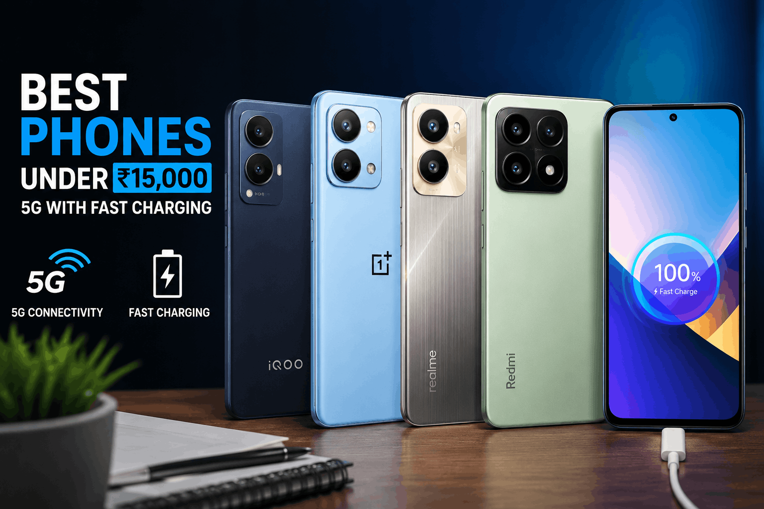 Collection of 5G smartphones under ₹15,000 featuring fast charging technology displayed on a modern desk with premium lighting for a smartphone buying guide.