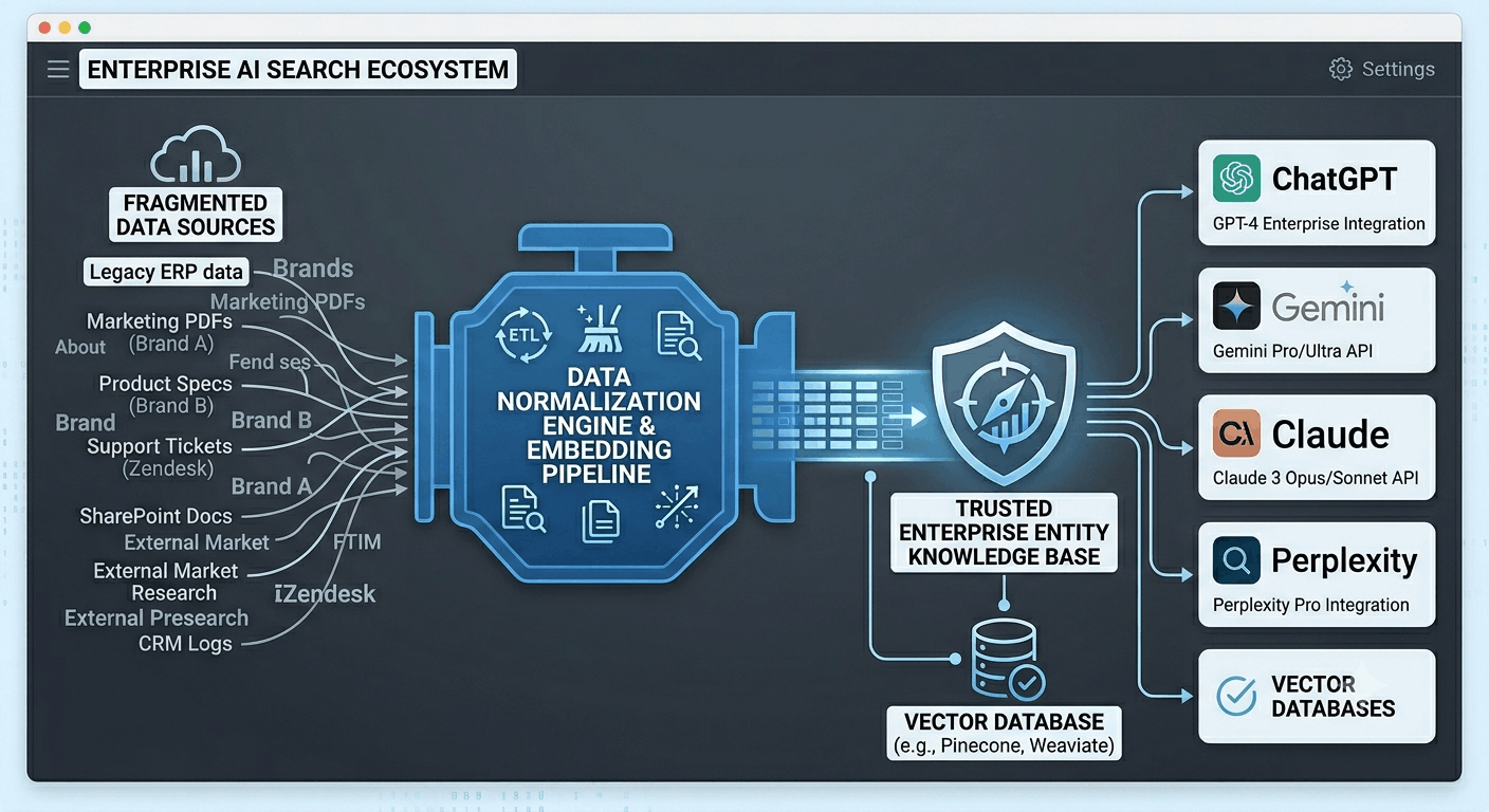 AI brand normalization workflow showing entity consolidation for search visibility