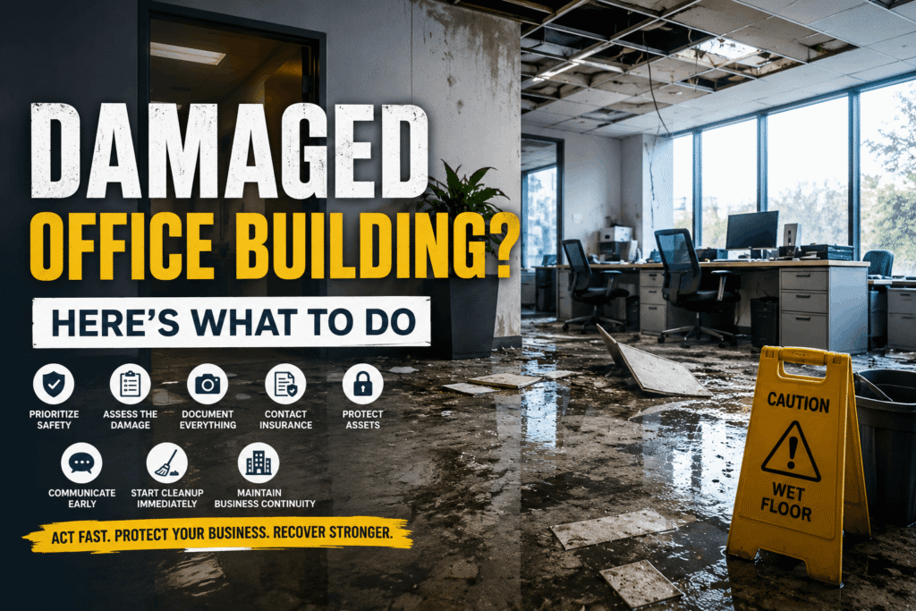 Damaged Office Building? Here's What to Do 1 Damaged office building with water damage, broken ceiling, debris, and caution sign illustrating emergency property damage recovery and business restoration.