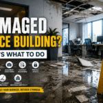 Damaged office building with water damage, broken ceiling, debris, and caution sign illustrating emergency property damage recovery and business restoration.
