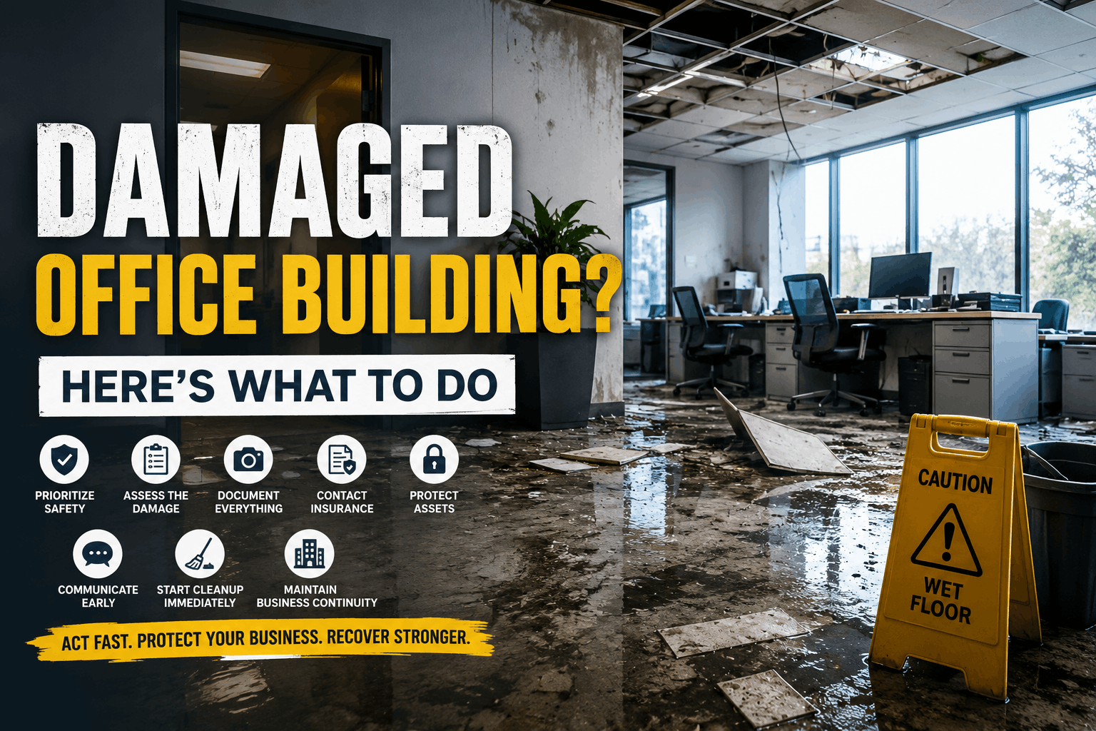 Damaged office building with water damage, broken ceiling, debris, and caution sign illustrating emergency property damage recovery and business restoration.
