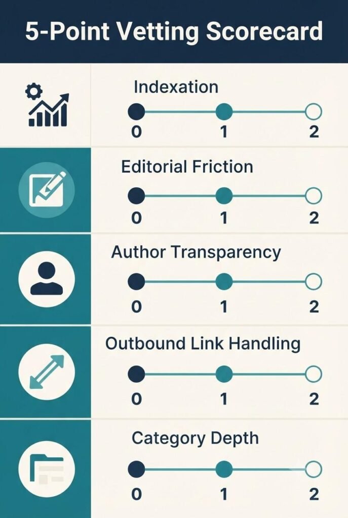 Scorecard infographic showing five vetting criteria (indexation, editorial friction, author transparency, outbound link handling, category depth) each scored 0 to 2