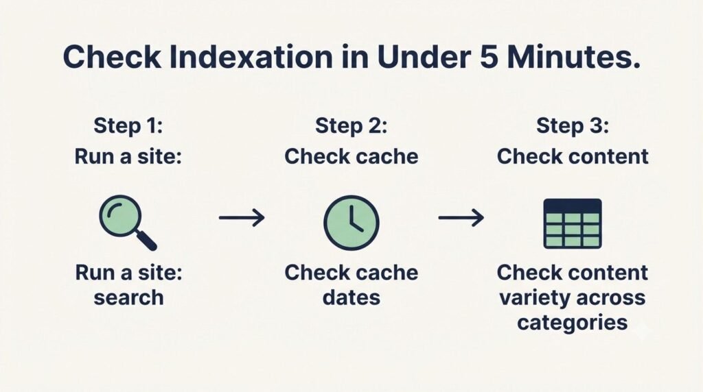 Simple 3-step flow diagram showing a site colon search, a cache date check, and a content variety check