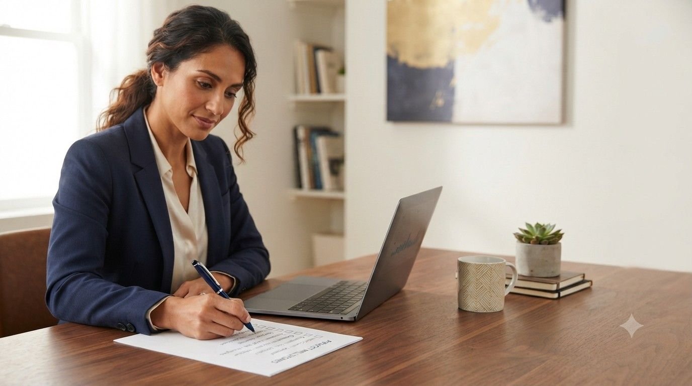 A digital PR strategist marking items off a printed guest post vetting checklist next to a laptop