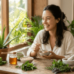 Woman using natural skincare ingredients for healthy glowing skin