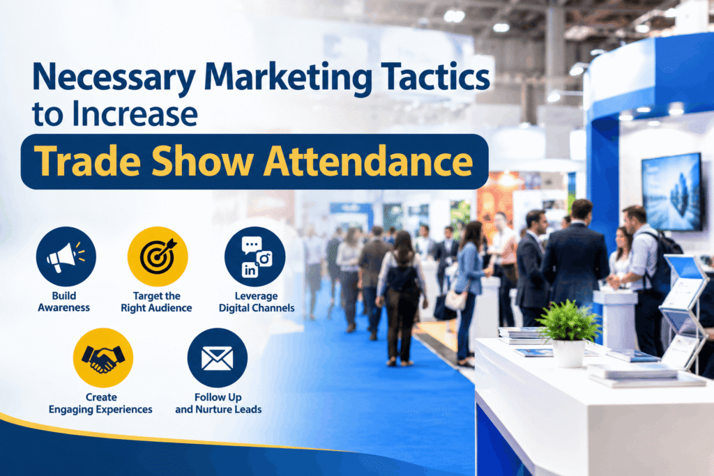 Necessary Marketing Tactics to Increase Trade Show Attendance 1 Marketing tactics to increase trade show attendance with audience targeting, digital marketing, brand awareness, and attendee engagement