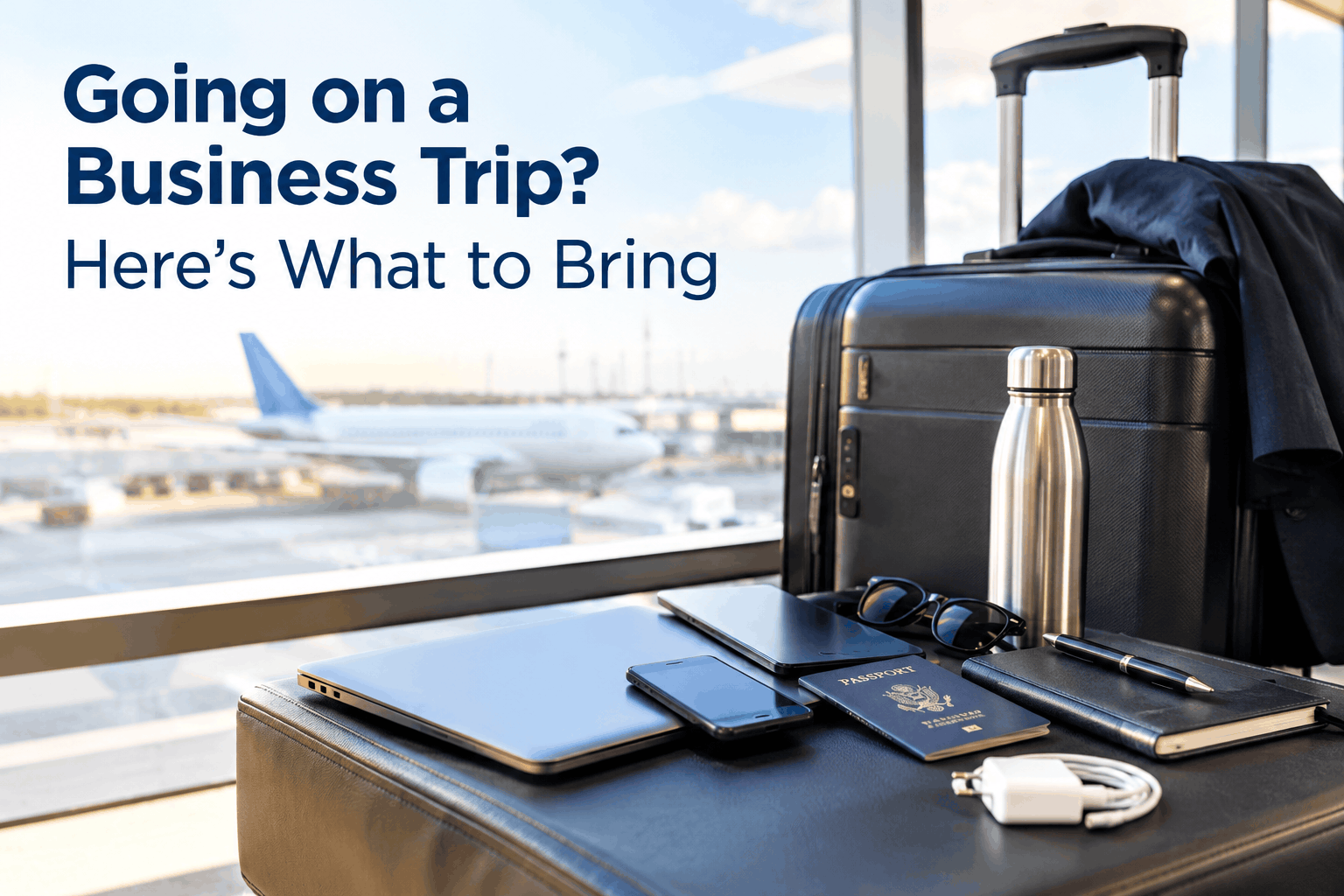 Business trip essentials including a suitcase, laptop, passport, smartphone, notebook, and professional clothing at an airport