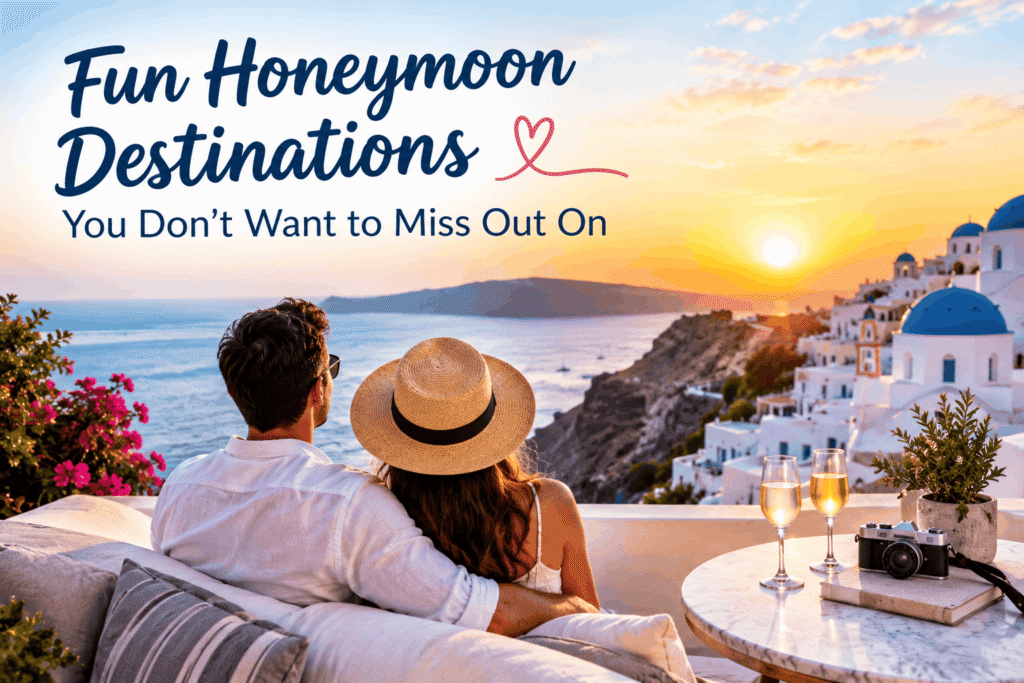 8 Fun Honeymoon Destinations You Don't Want to Miss Out On 6 Couple enjoying a romantic sunset overlooking the sea and whitewashed buildings in Santorini, Greece
